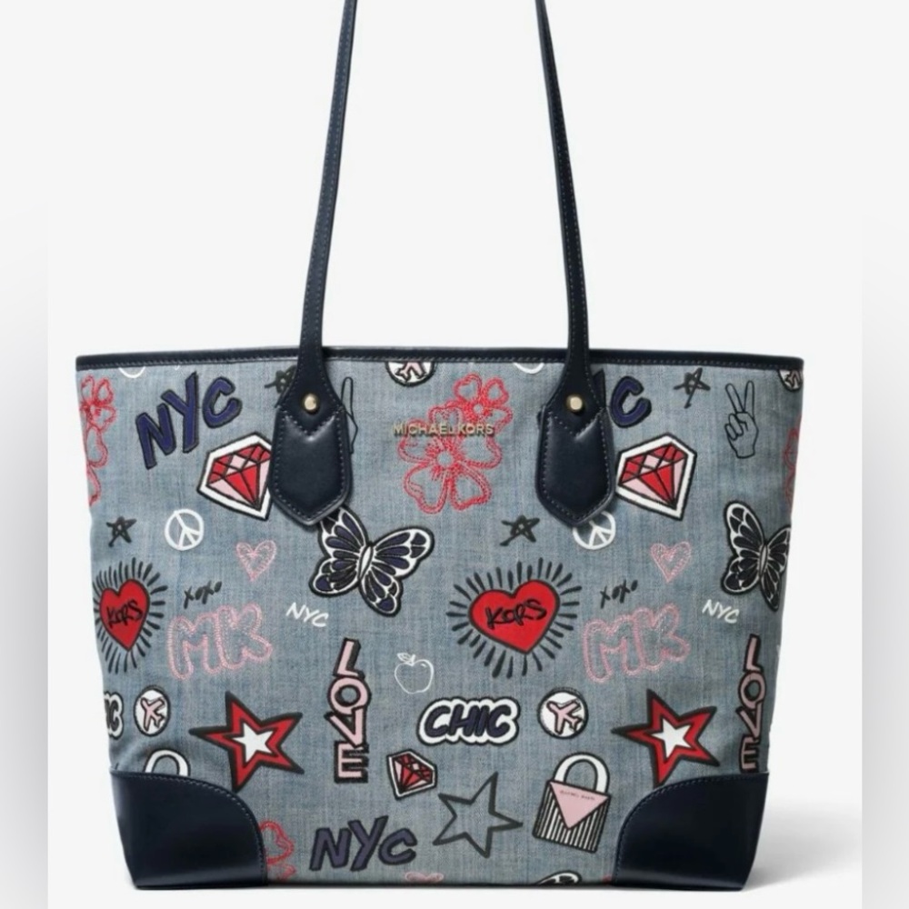Eva Large Embroidered Denim Tote Bag